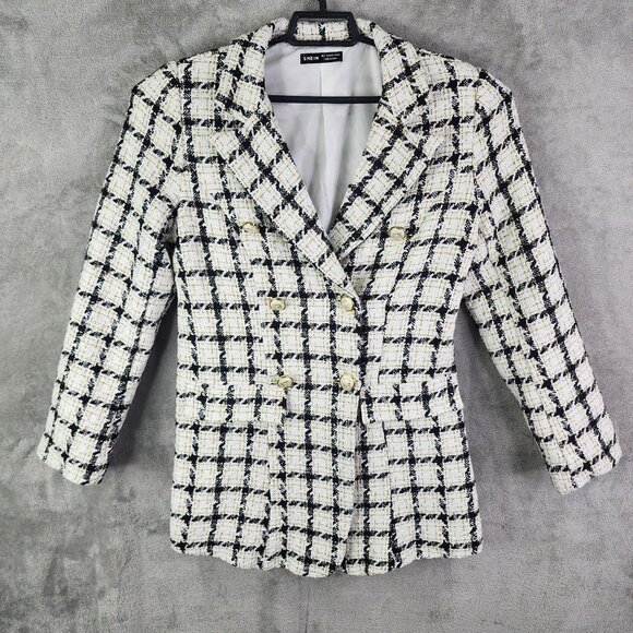 Womens Shein Black White & Gold Checkered Tweed Blazer Jacket Double Breasted L - Picture 2 of 11